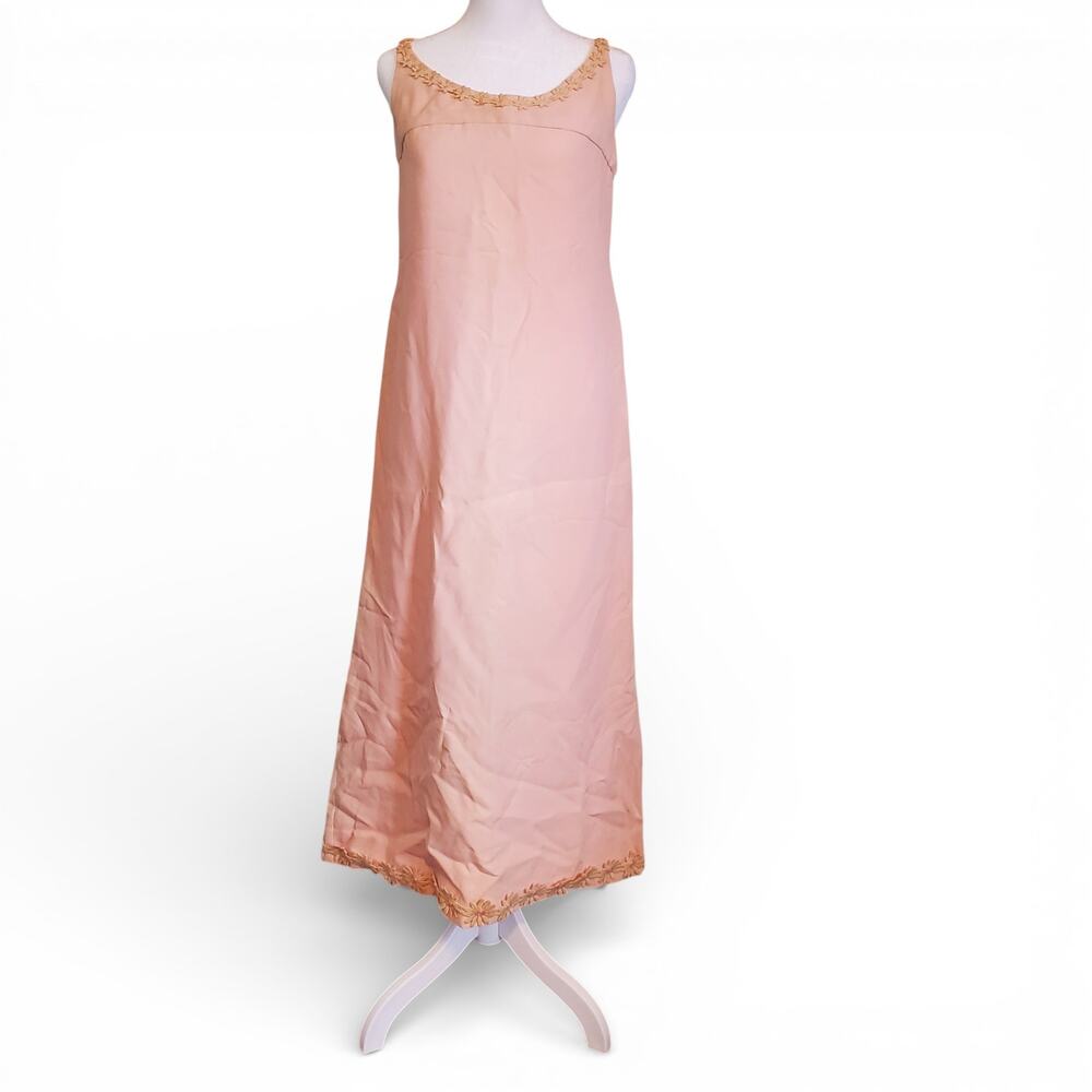 Vintage 60s 70s Pastel Pink Daisy Trim Sleeveless Maxi Dress Coquette Soft Girl